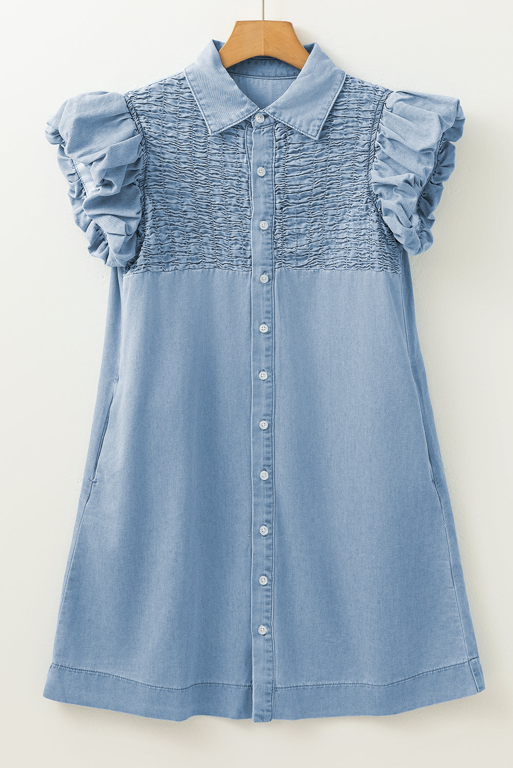 Flutter Sleeve Shirred Detail Button Up Denim Mini Dress