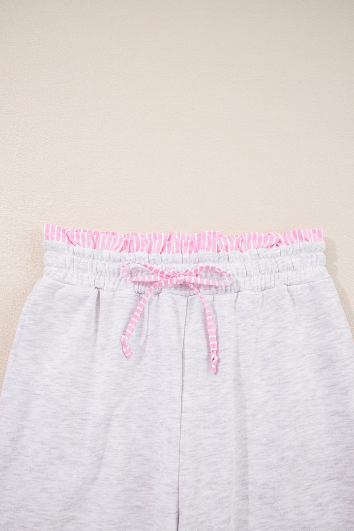Light Grey 2pcs Contrasted Trim Frilled Collar Drop Shoulder Pullover Drawstring Pant Set