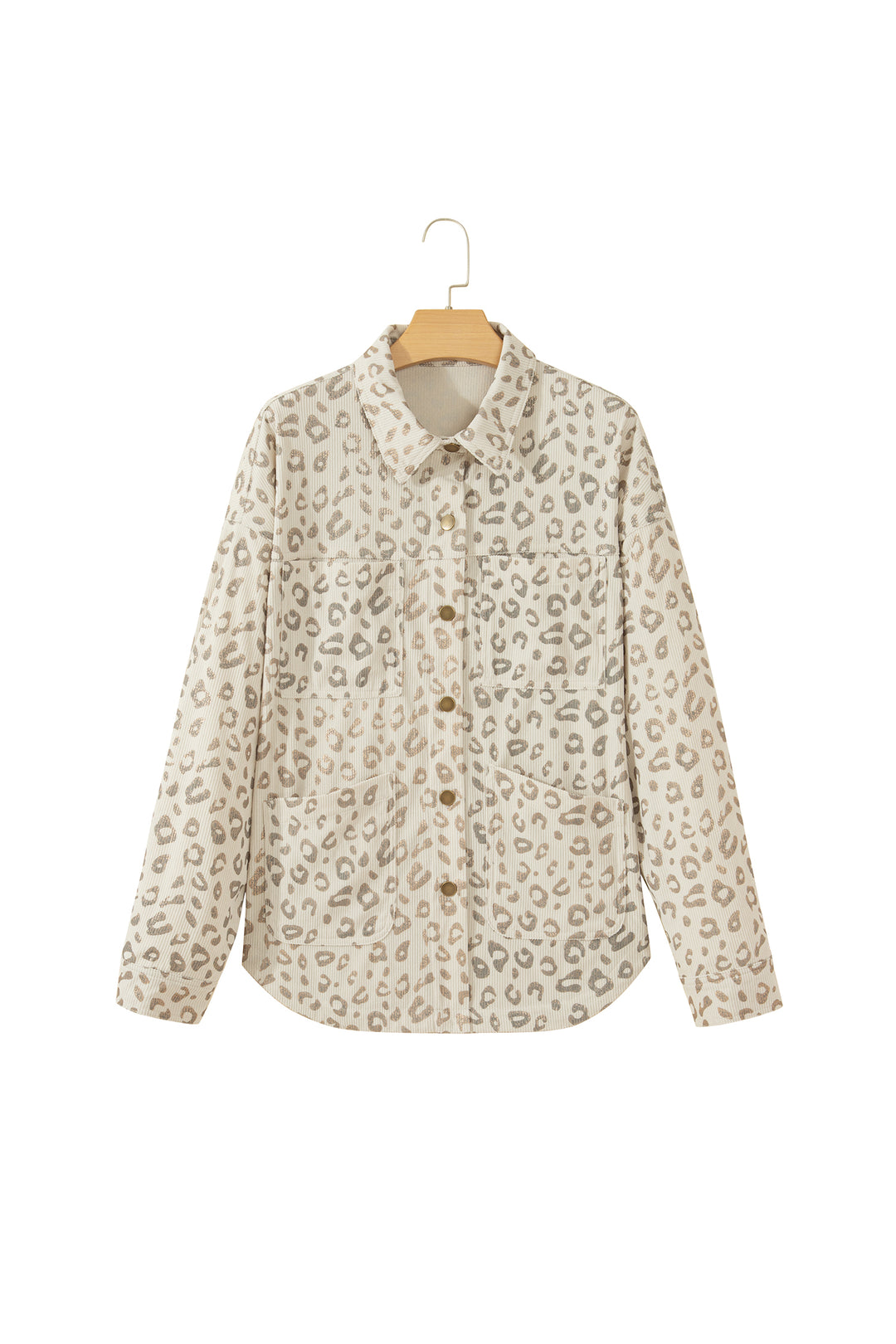 Khaki Leopard Print Corduroy Shirt Collar Long Sleeve Regular Fit Jacket