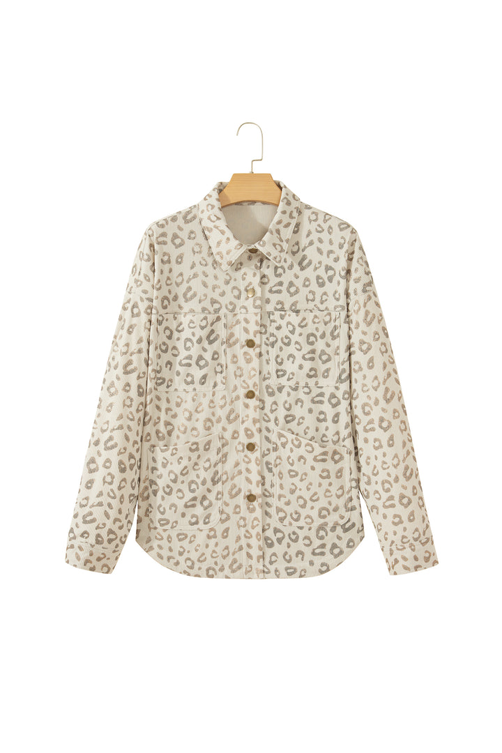 Khaki Leopard Print Corduroy Shirt Collar Long Sleeve Regular Fit Jacket