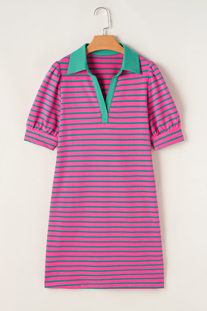 collared v neck puff sleeve t shirt dress