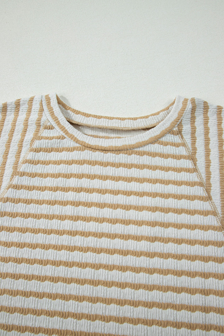 Apricot Stripe Plus Size Textured Patchwork Detail Half Sleeve Top