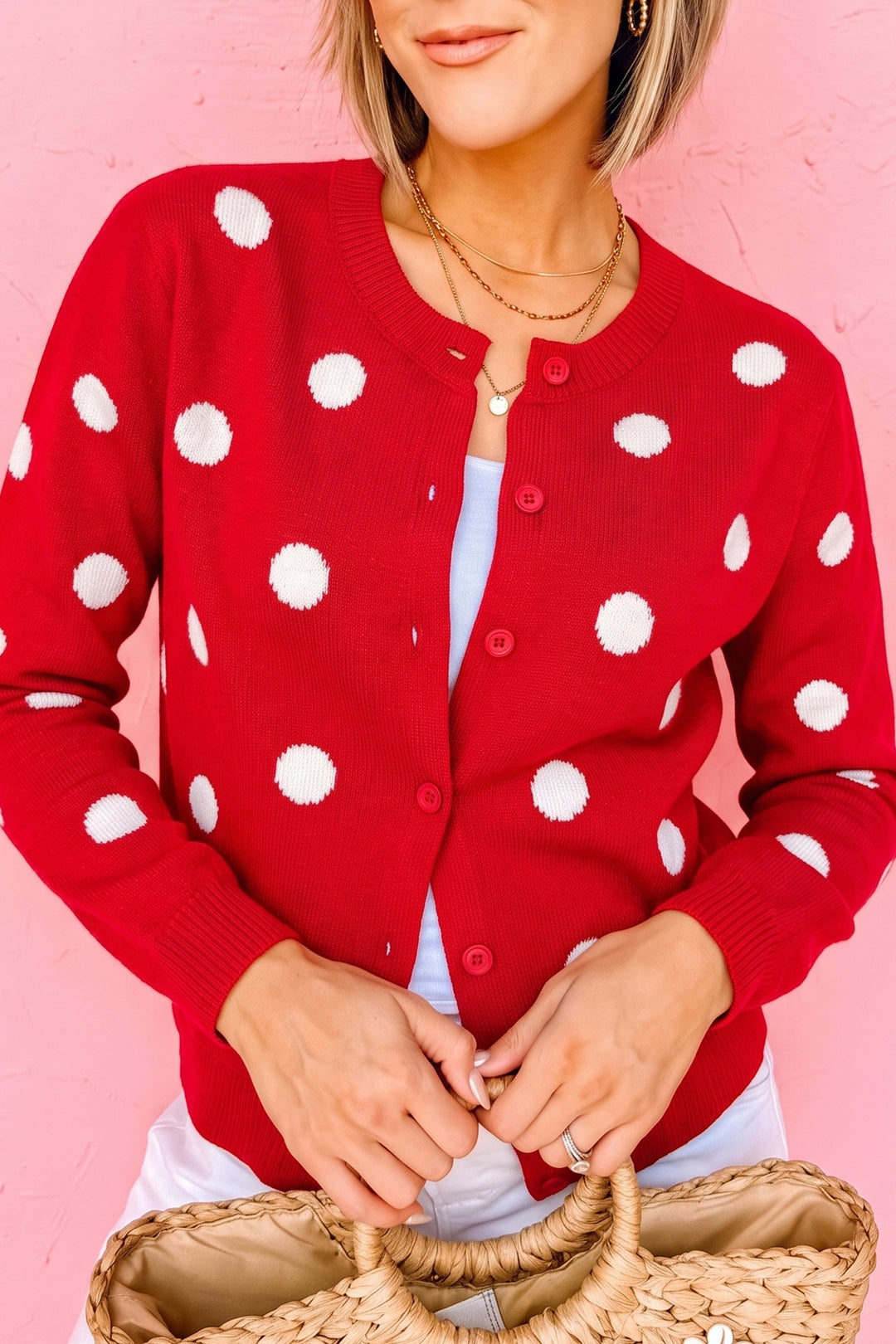 Fiery Red Casual Polka Dot Button Front Long Sleeve Sweater Cardigan