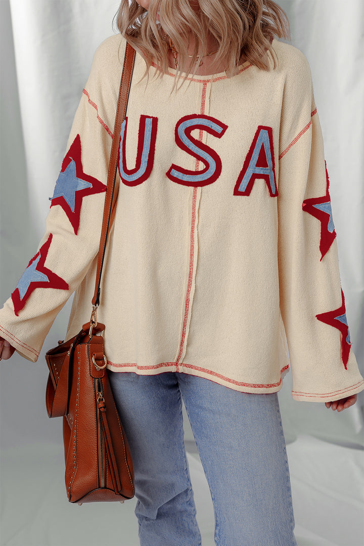 Beige USA Star Contrast Patchwork Long Sleeve Top