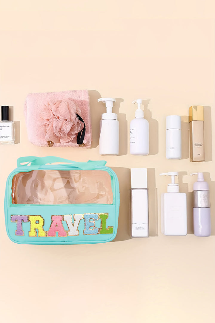 Trousse de maquillage TRAVEL en PVC transparent avec lettres en chenille