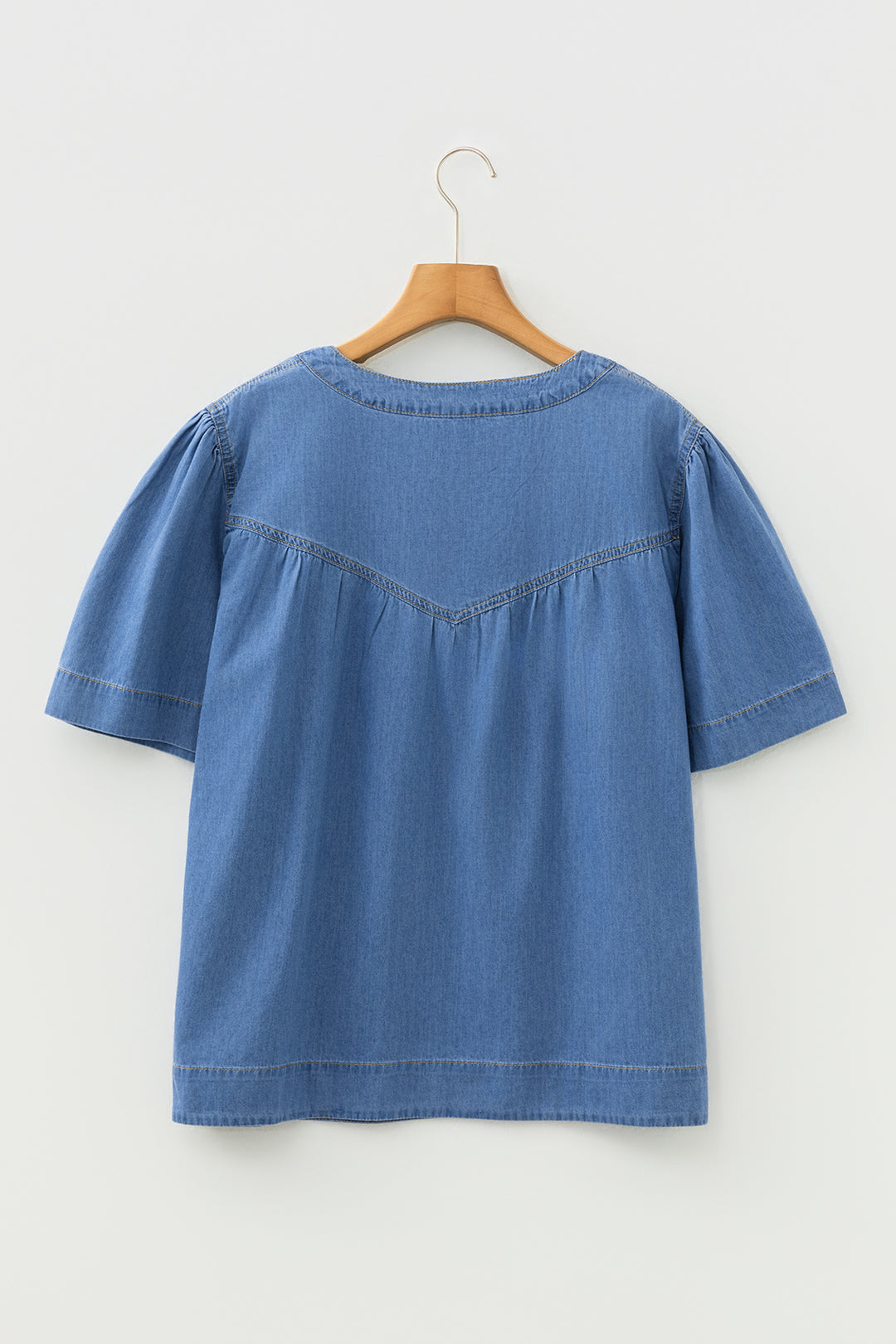 Seam Pleated Detail Half Button Short Sleeve Denim Top