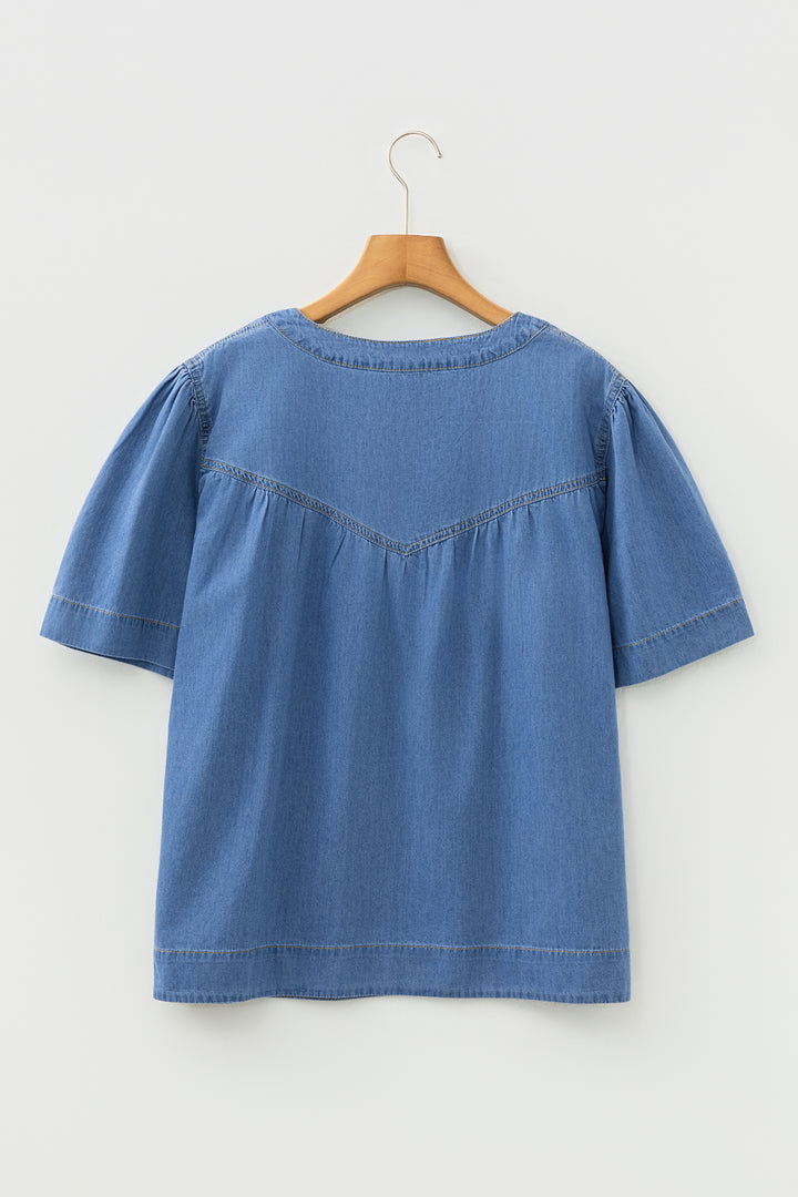 Seam Pleated Detail Half Button Short Sleeve Denim Top