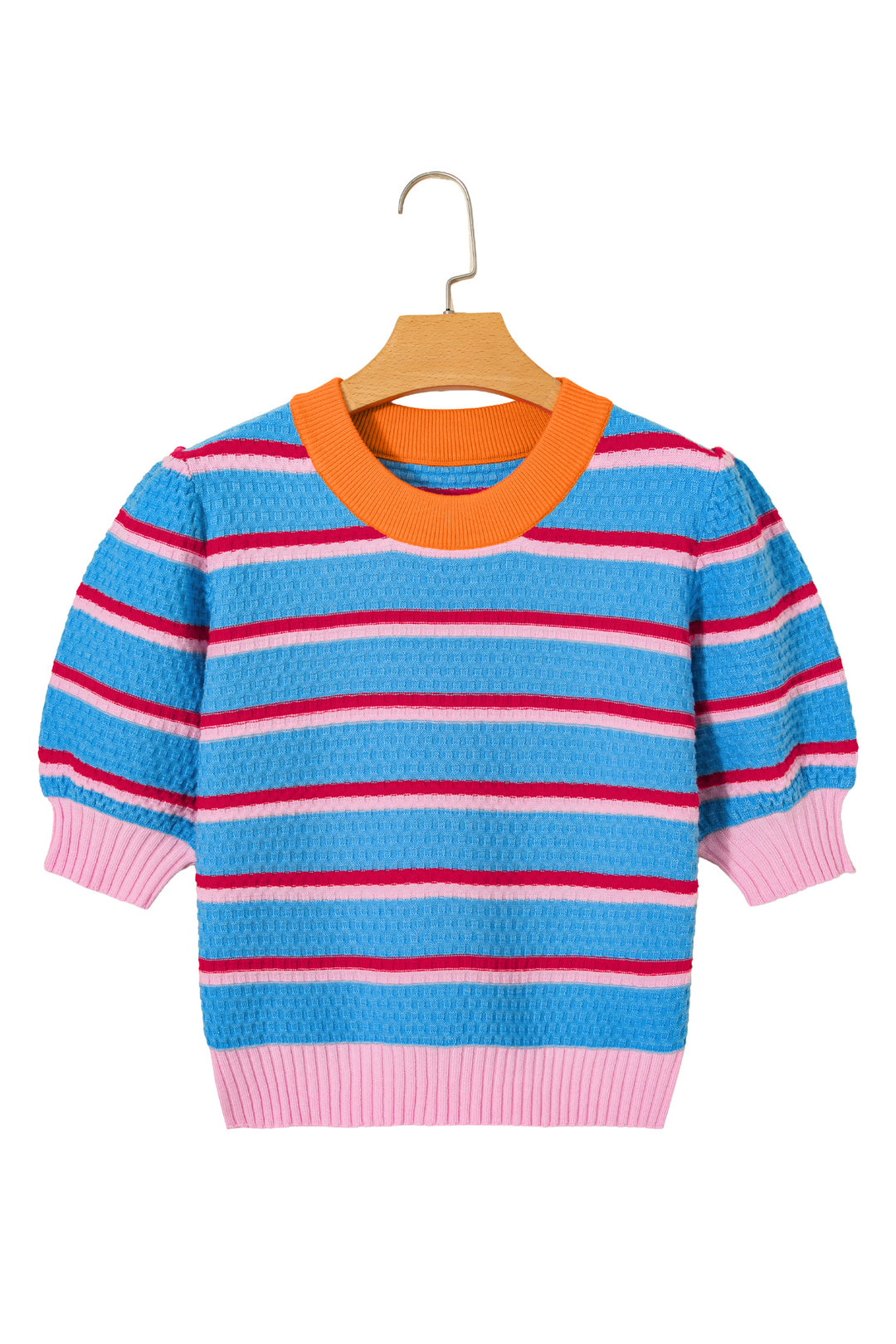 Sky Blue Stripe Colorblock Trim Half Sleeve Sweater Top