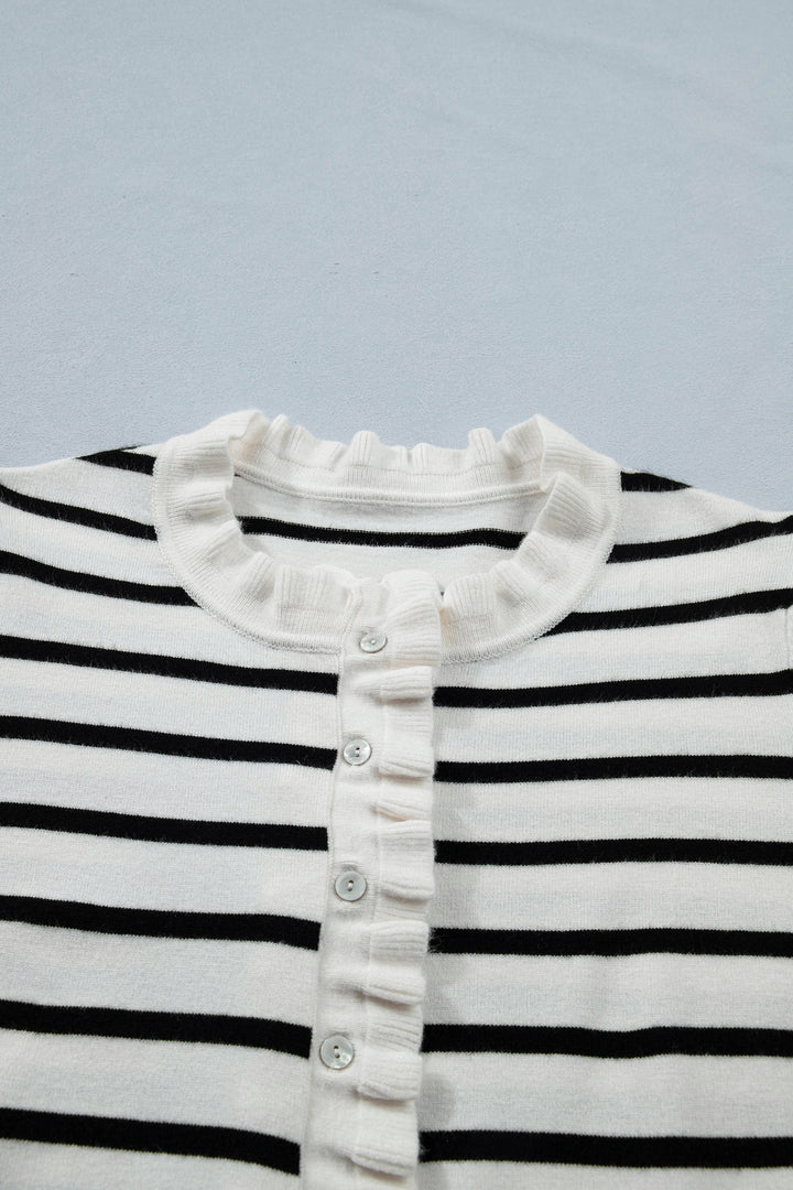 Beige Stripe Ruffle Trim Button Down Knit Short Sleeve Sweater Cardigan