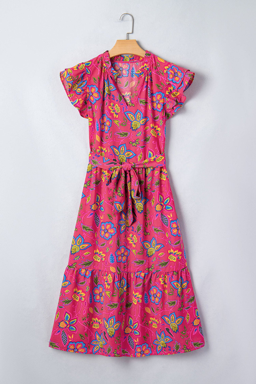 Rose Flutter Sleeve Belted Floral Long Dress