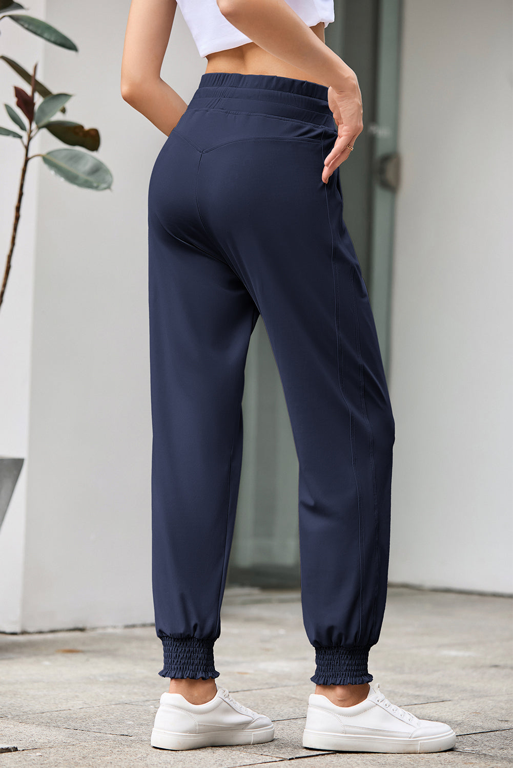 Navy Blue Drawstring Elastic Waist Smocked Jogger Pants