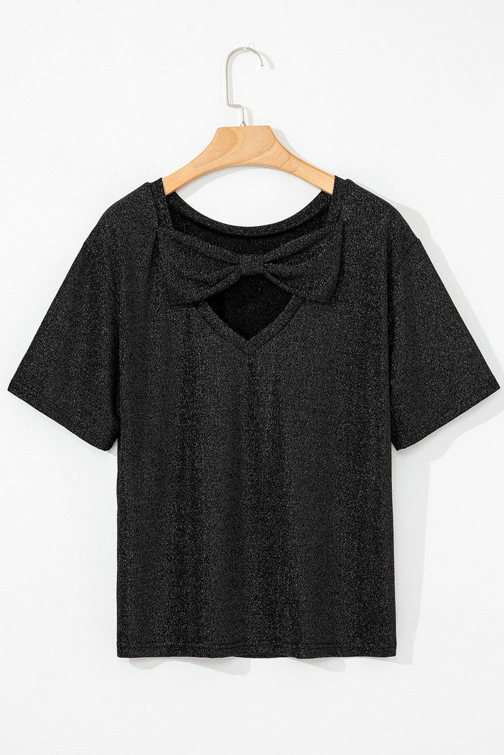 Bow Decor Glittery Short Sleeve Top