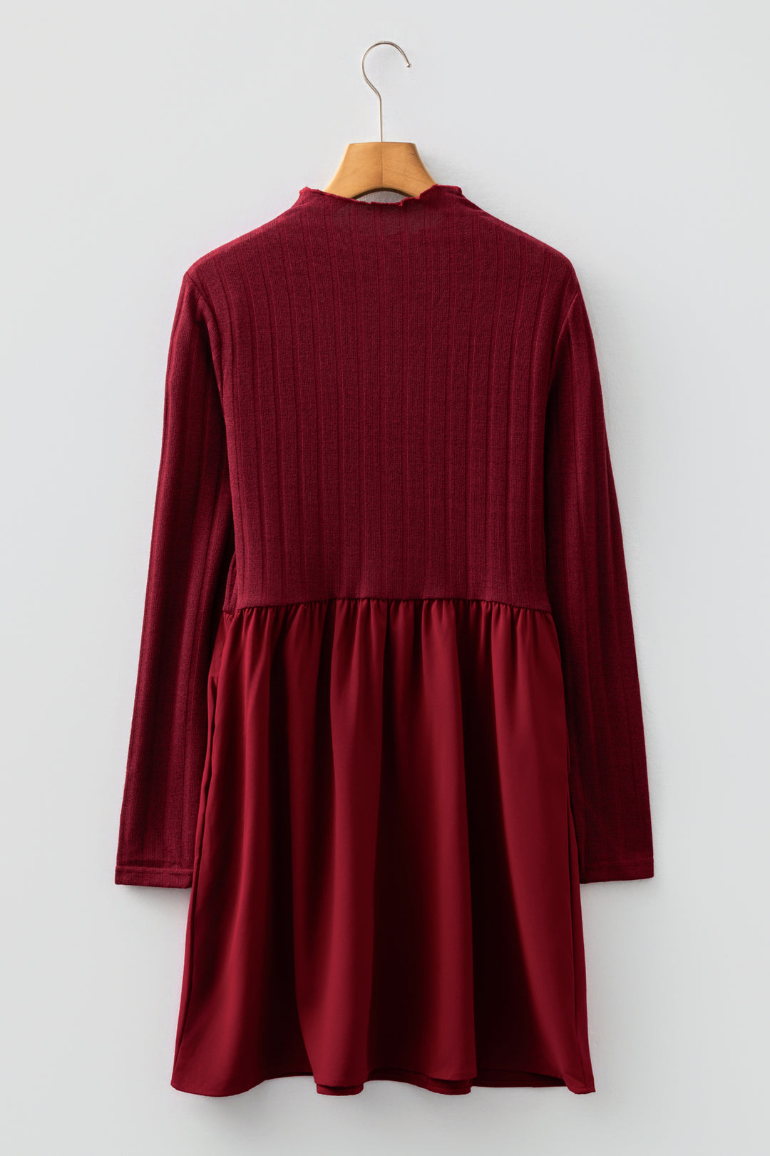 Red Dahlia Frilled Neck Ribbed Knit Long Sleeve Mini Dress
