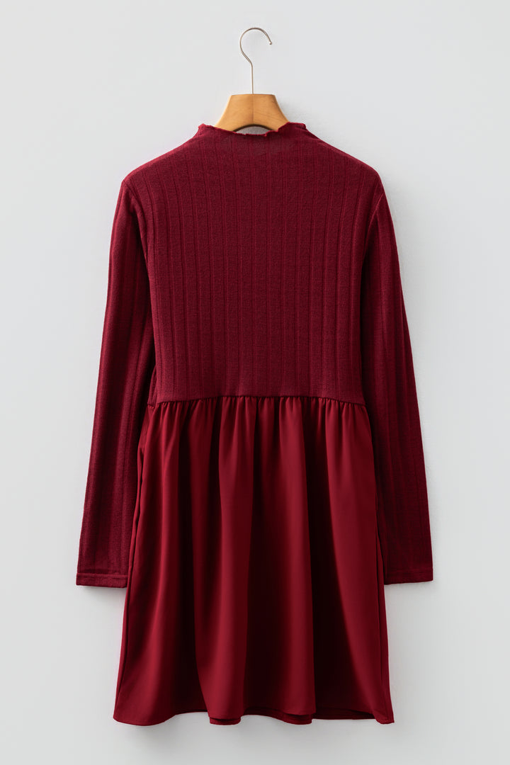Red Dahlia Frilled Neck Ribbed Knit Long Sleeve Mini Dress