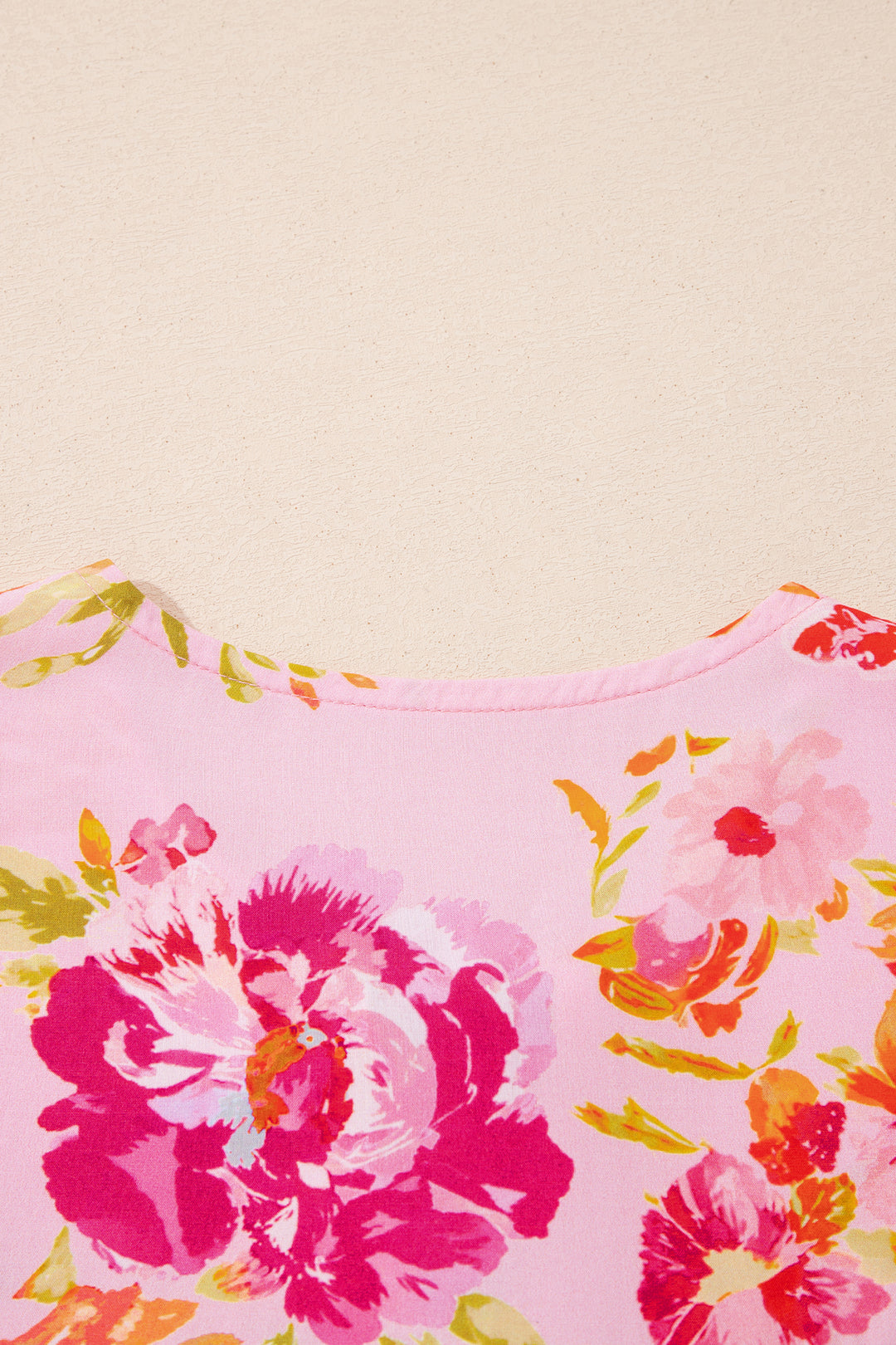Pink Floral Print Tie Neck Puffy Half Sleeve Blouse