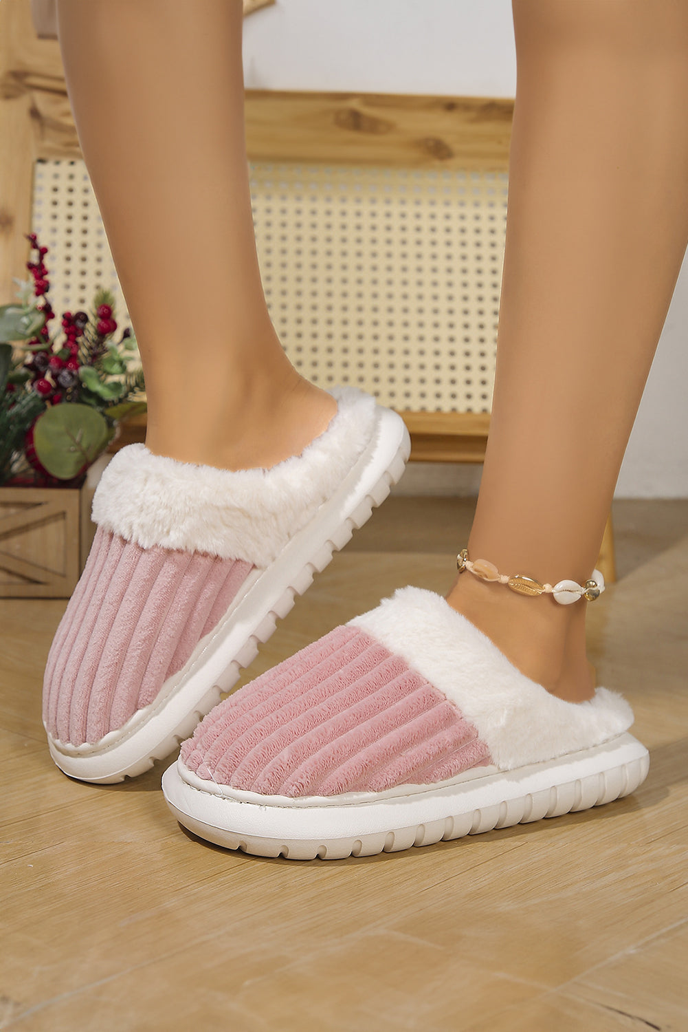 Chaussons d'hiver côtelés en peluche à blocs de couleurs