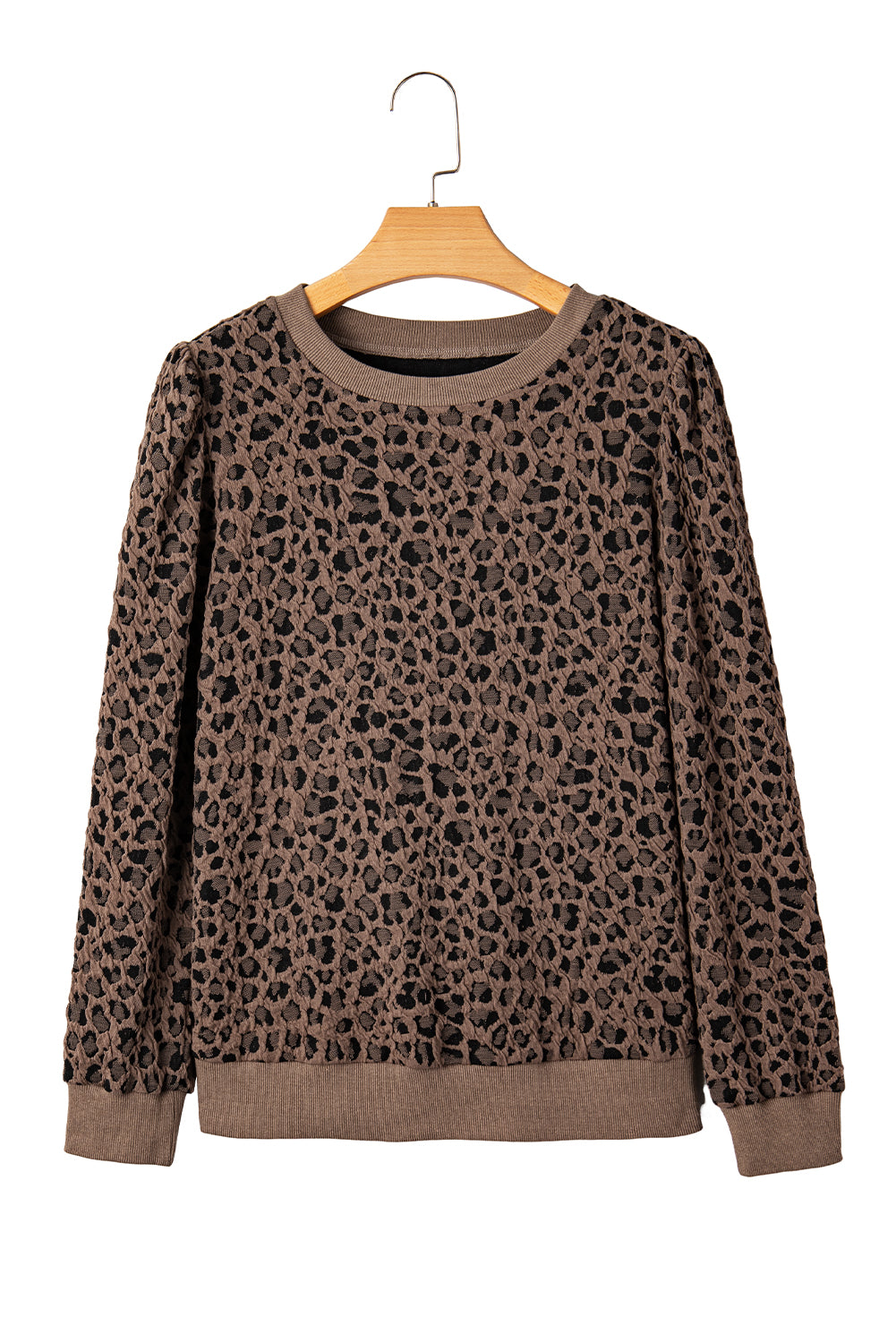 Ribbed Trim Leopard Print Long Sleeve Top