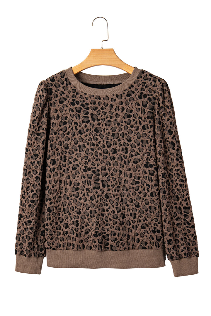 Ribbed Trim Leopard Print Long Sleeve Top