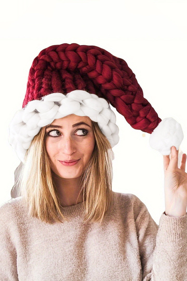 Color Block Pom Pom Decor Chunky Knitted Christmas Hat