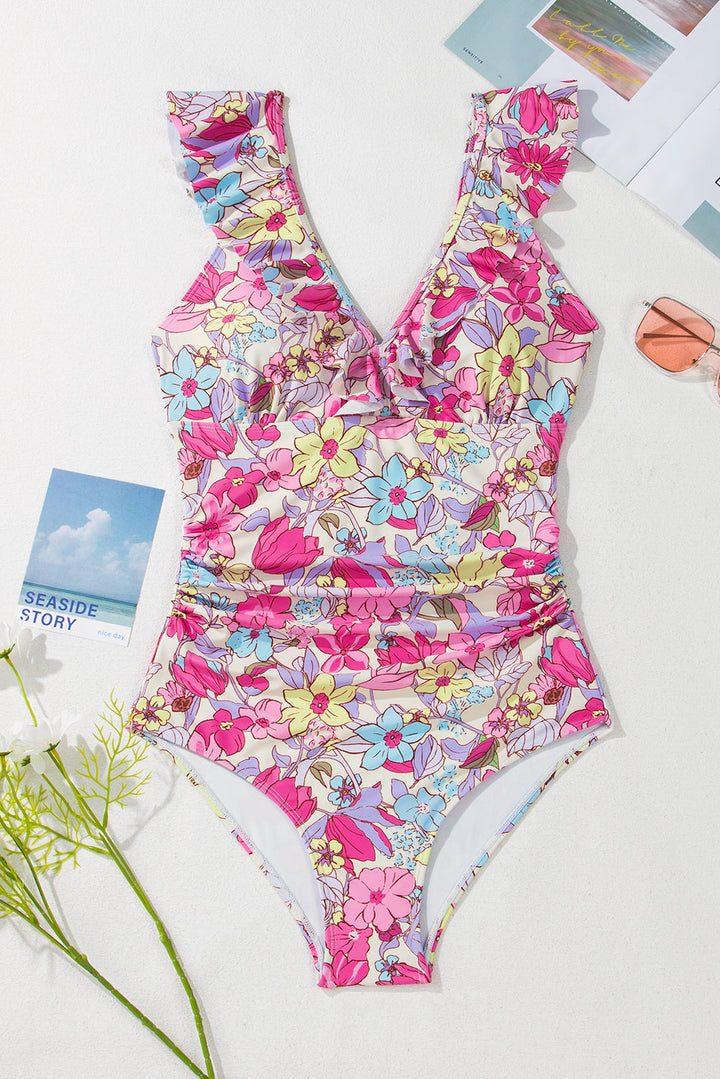 floral ruffle trim v neck lace up back tummy control one piece swimsuit