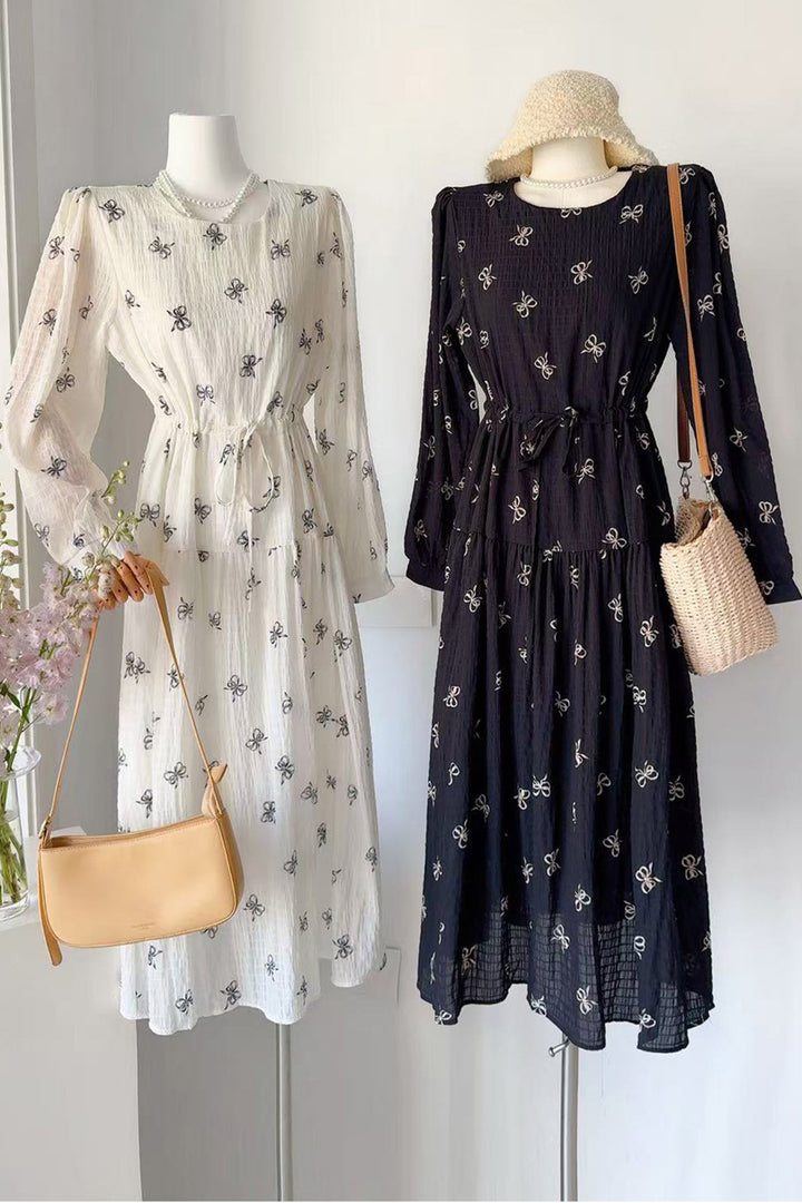 Black Bow Pattern Long Sleeve Maxi Dress