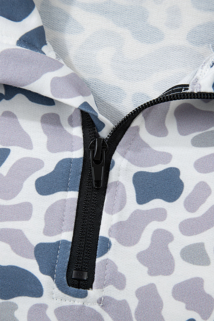 Multicolour Camouflage Print Kangaroo Pocket Zip Collar Pullover Sweatshirt