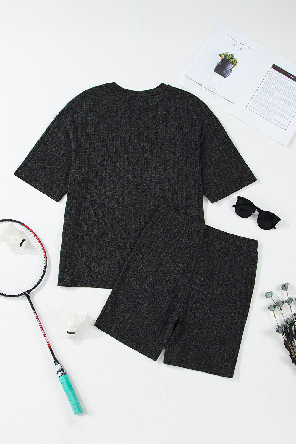 Black Soft Ribbed Loose Tee Slim Shorts 2pcs Sporty Set