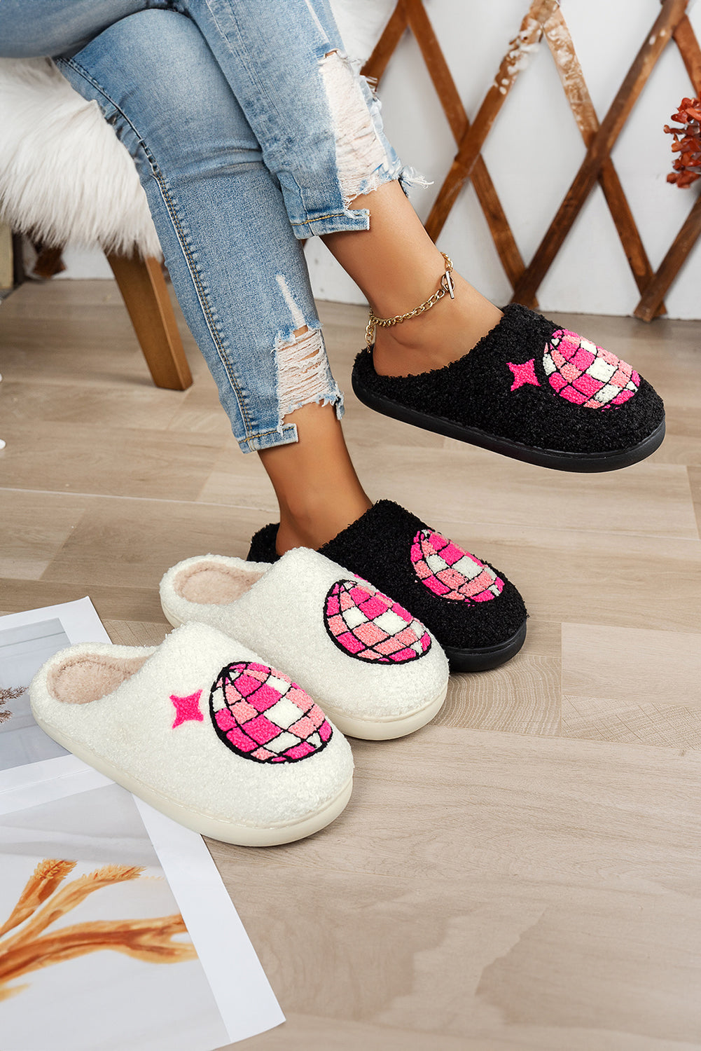 Disco Ball Print Fuzzy Winter House Slippers