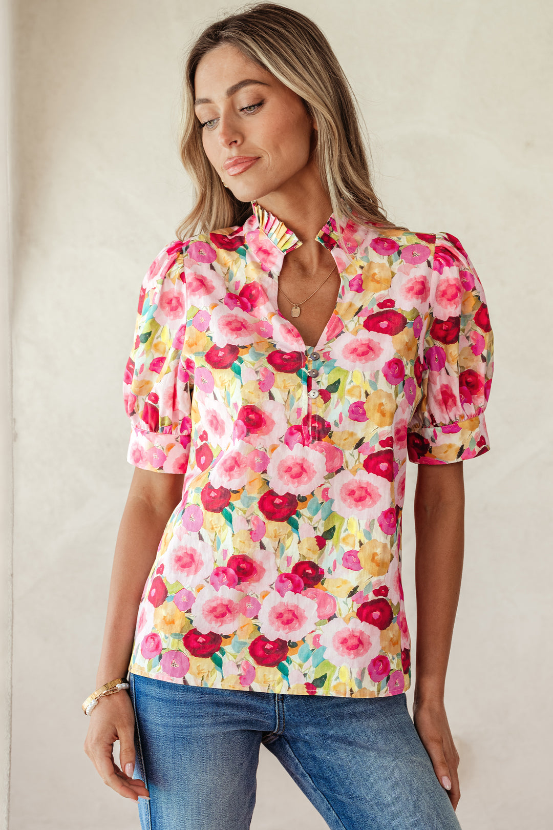 Floral Frilled V Neck Puff Short Sleeve Blouse