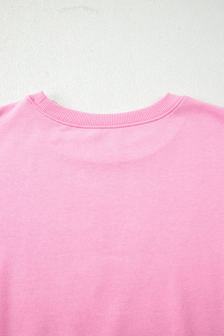 Pink Floral Bow Patched Exposed Seam Patchwork Slit Baggy Sweatshirt