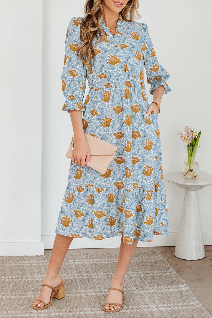 Floral Printed Frilled V Neck Bracelet Sleeve Long Dress