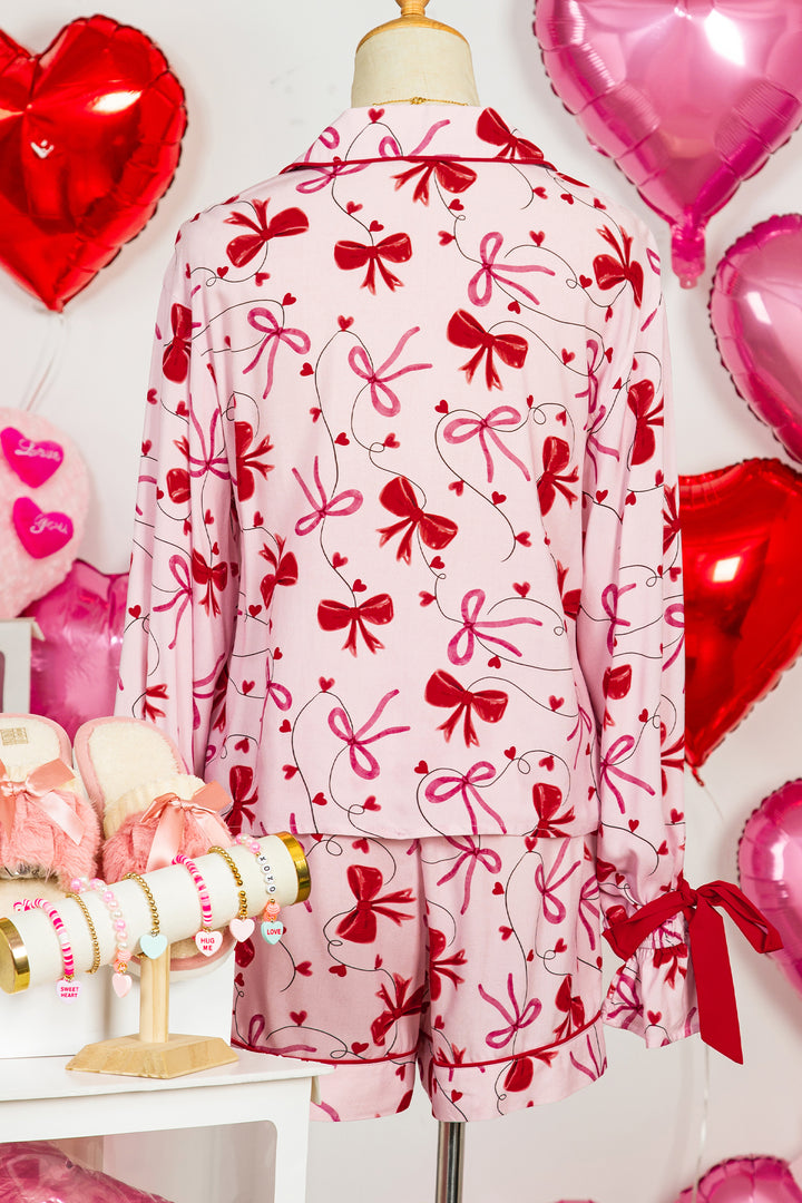 Red Bow Print Valentine Long Sleeve Shirt Shorts 2 Pcs Pajama Set