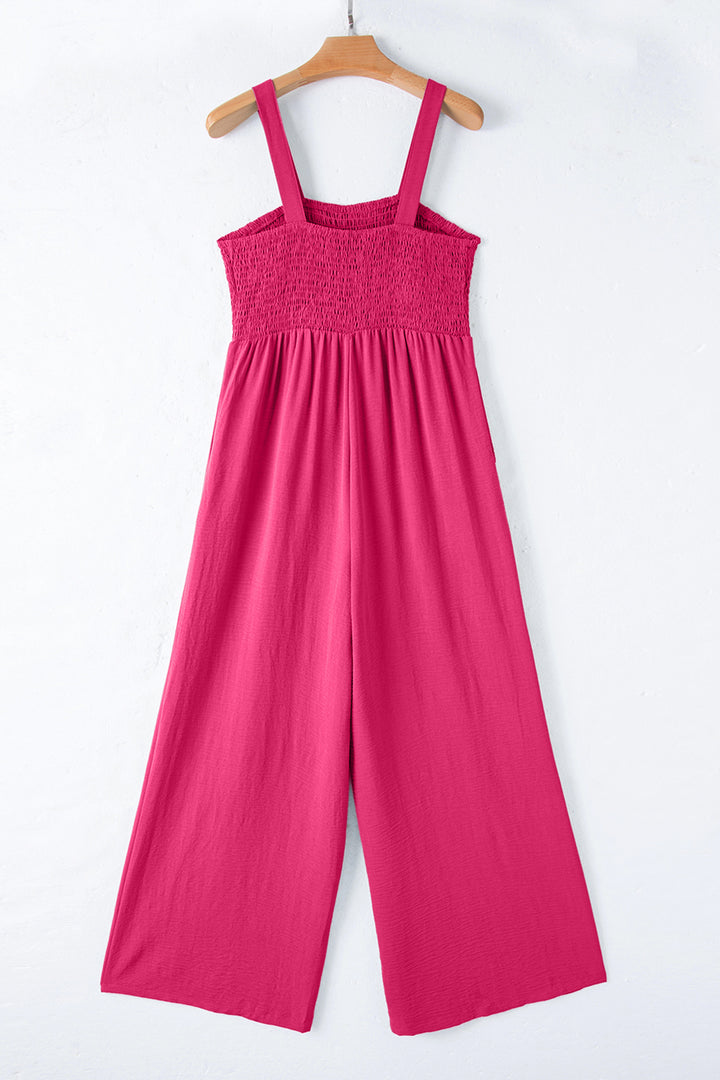 Rose Red Smocked Square Neck Sleeveless Jumpsuit with Pockets