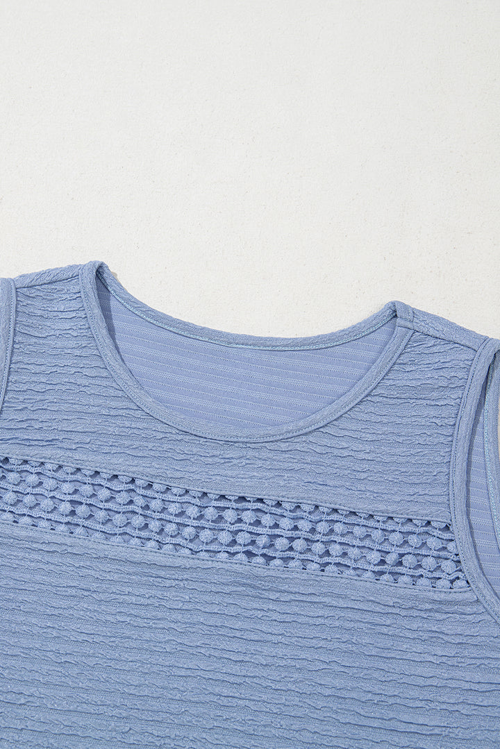 Beau Blue Solid Color Textured Lace Hollowed Detail Sleeveless Mini Dress