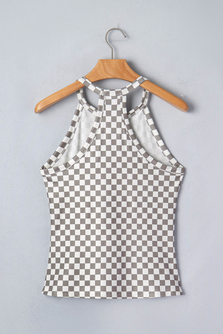 Gray Checkered Print Textured Halter Tank Top