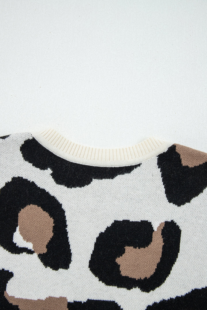 Leopard Print Color Block Patchwork Sleeve V Neck Sweater