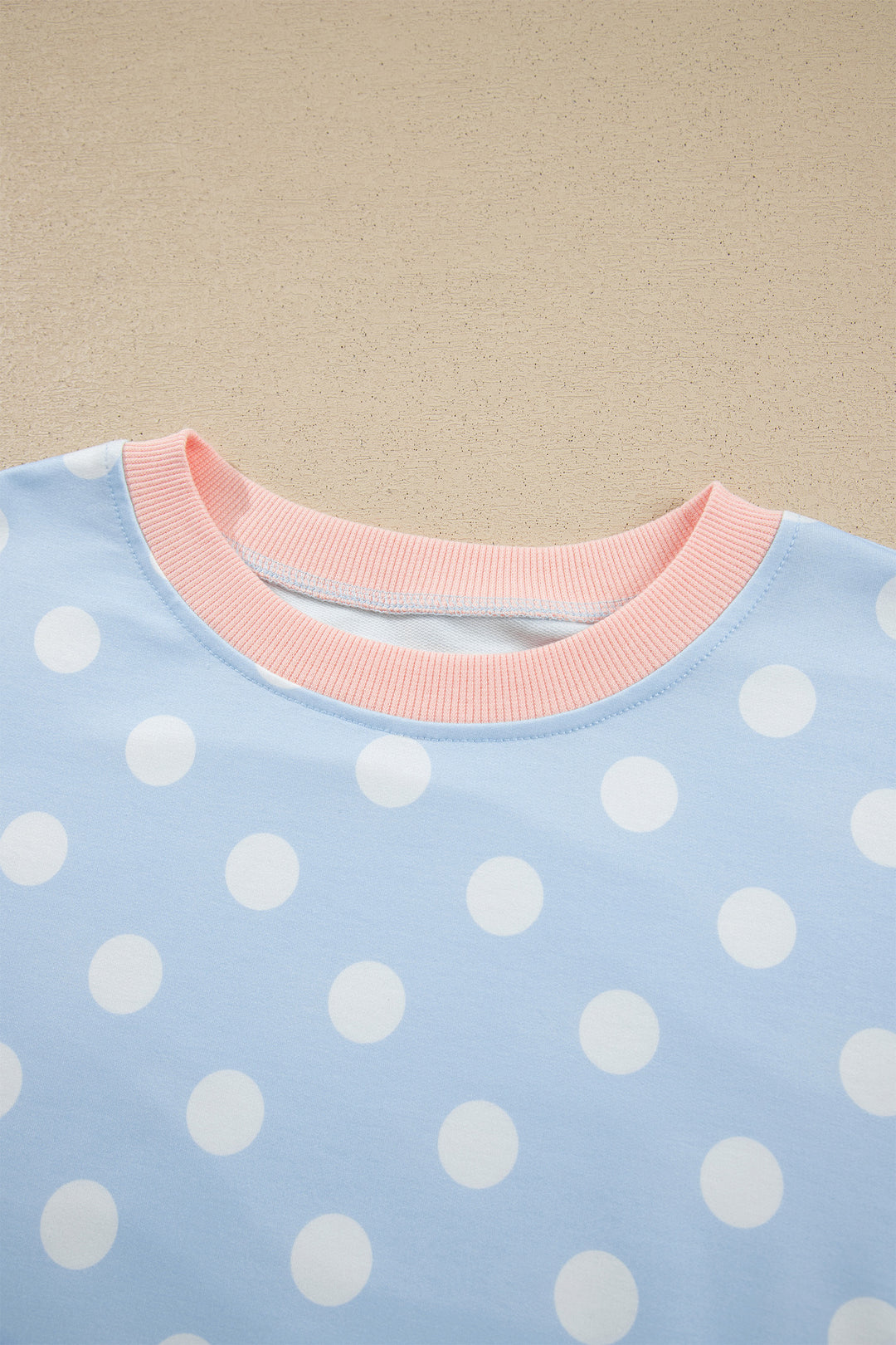 Sky Blue Polka Dot Contrast Trim Long Sleeve Top Drawstring Shift Pants Set