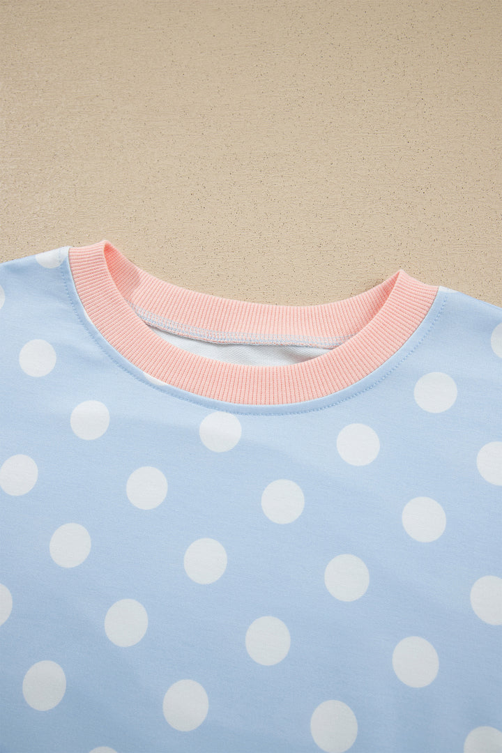 Sky Blue Polka Dot Contrast Trim Long Sleeve Top Drawstring Shift Pants Set