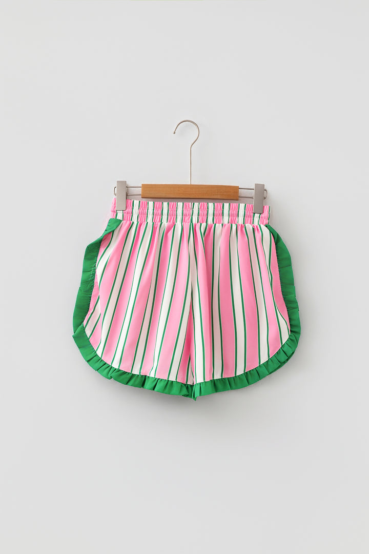 Pink Stripe Contrast Ruffle Trim Shorts