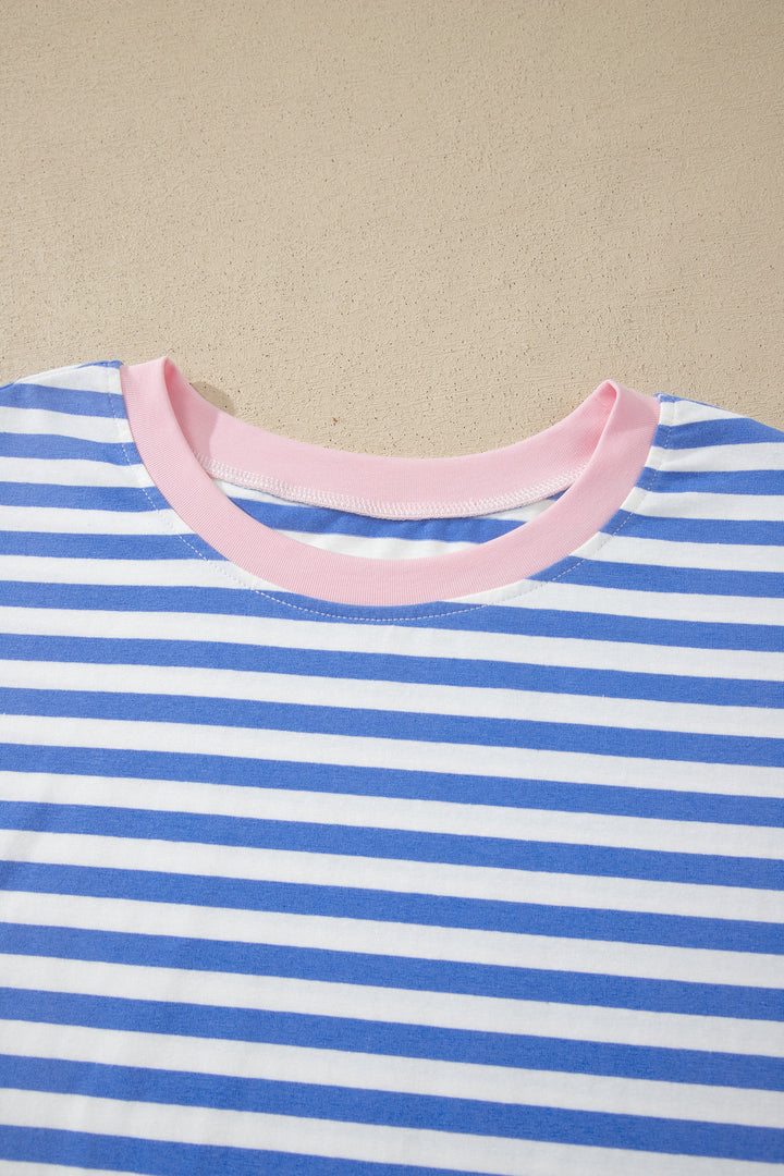 Sky Blue Stripe Contrast Trim Crew Neck Tee Knot Shorts 2pcs Set