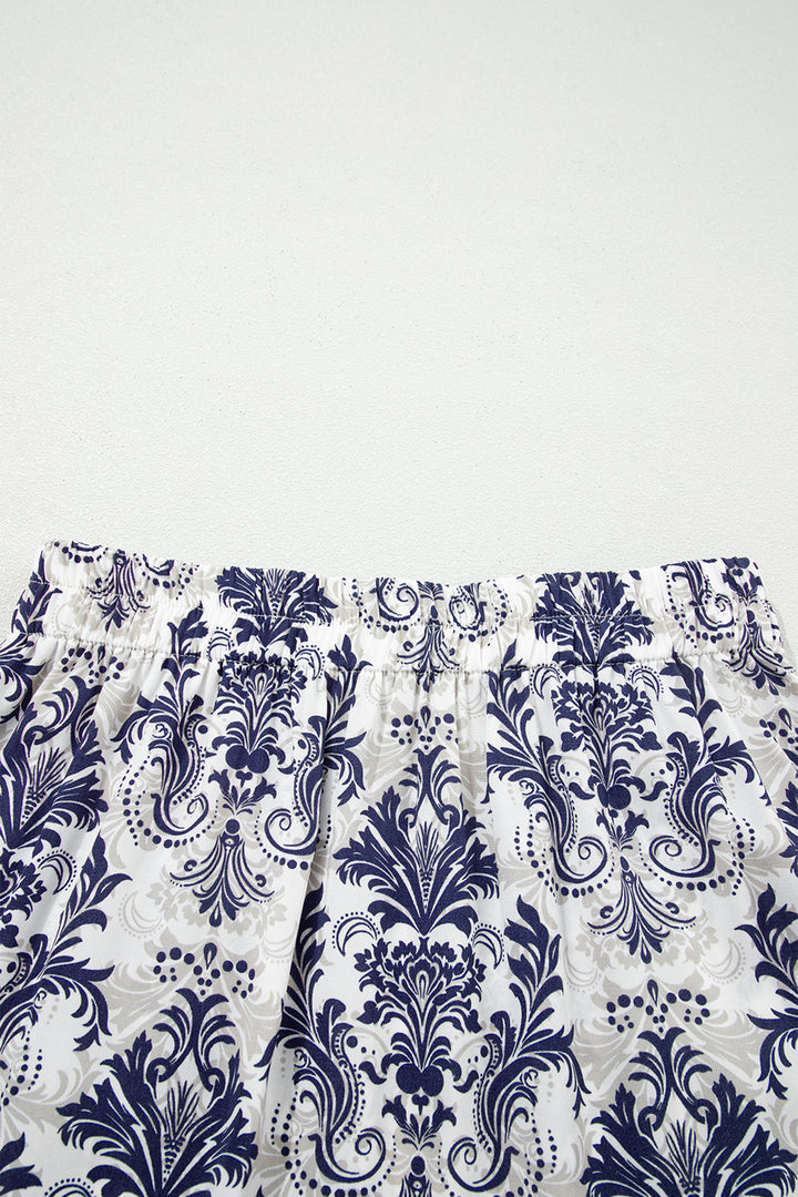 Blue Bohemian Floral Print Tiered Maxi Skirt with Split