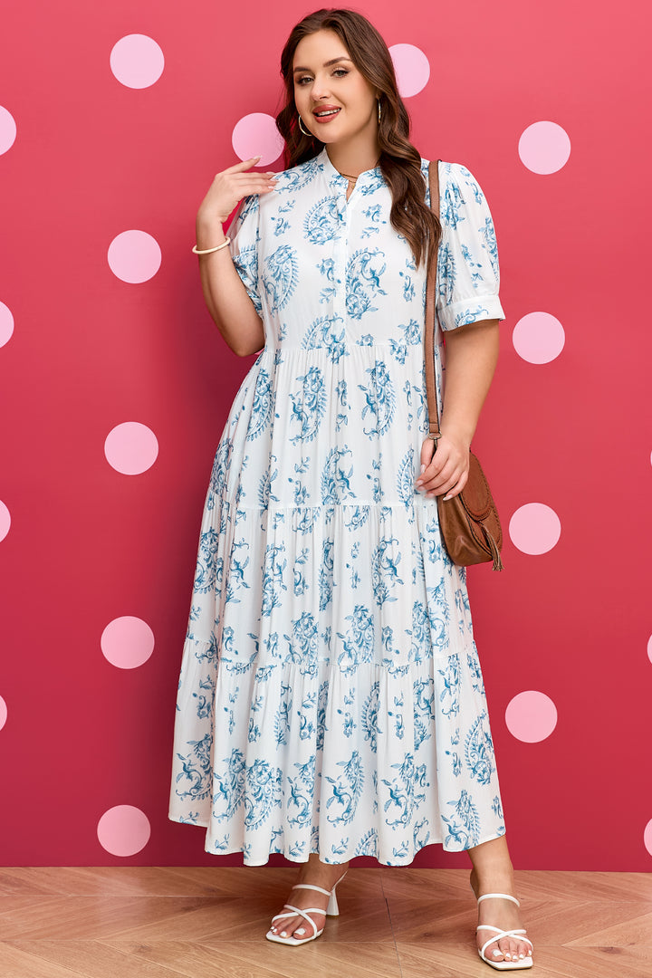 Sky Blue Plus Size Geometric Floral Print Short Sleeve Maxi Dress