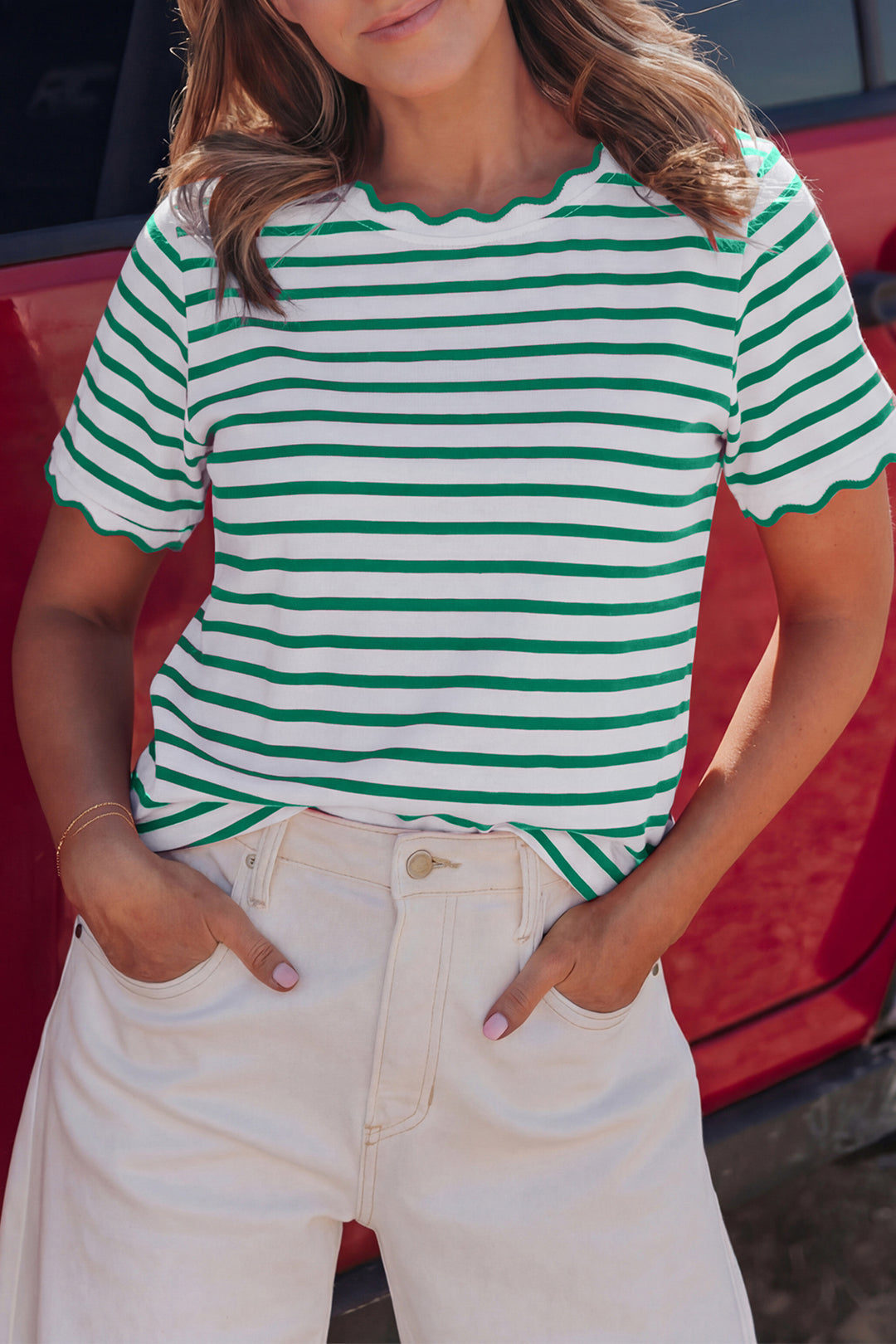 Green Stripe Scalloped Trim Round Neck T Shirt