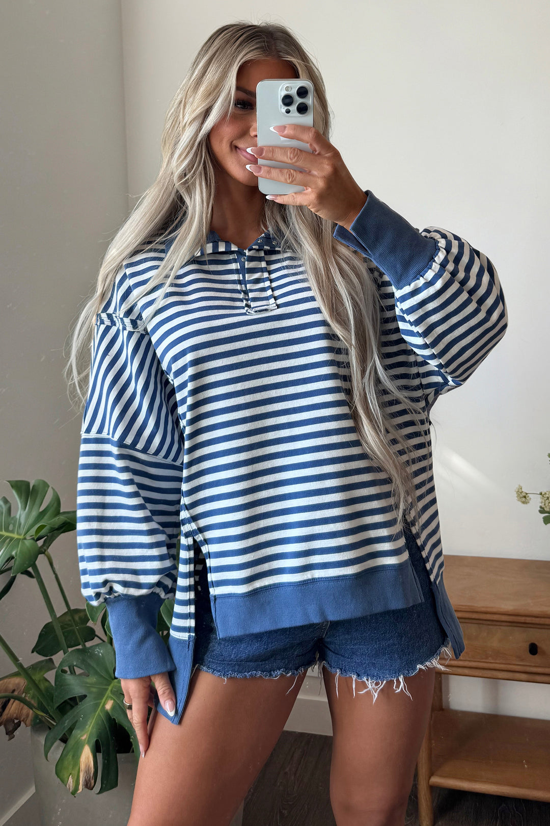 Blue Stripe Color Block Trim Raw Seam Split Hem Loose Pullover Sweatshirt