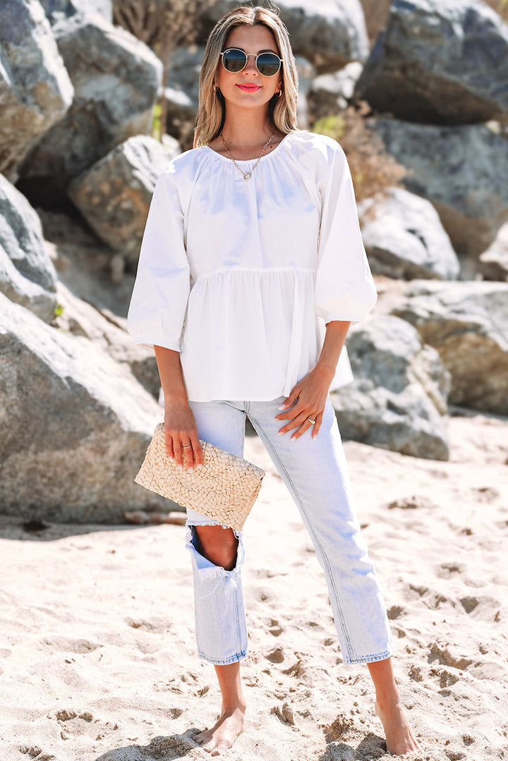 Bow Knot Cutout Back Loose Fit 3/4 Sleeve Blouse