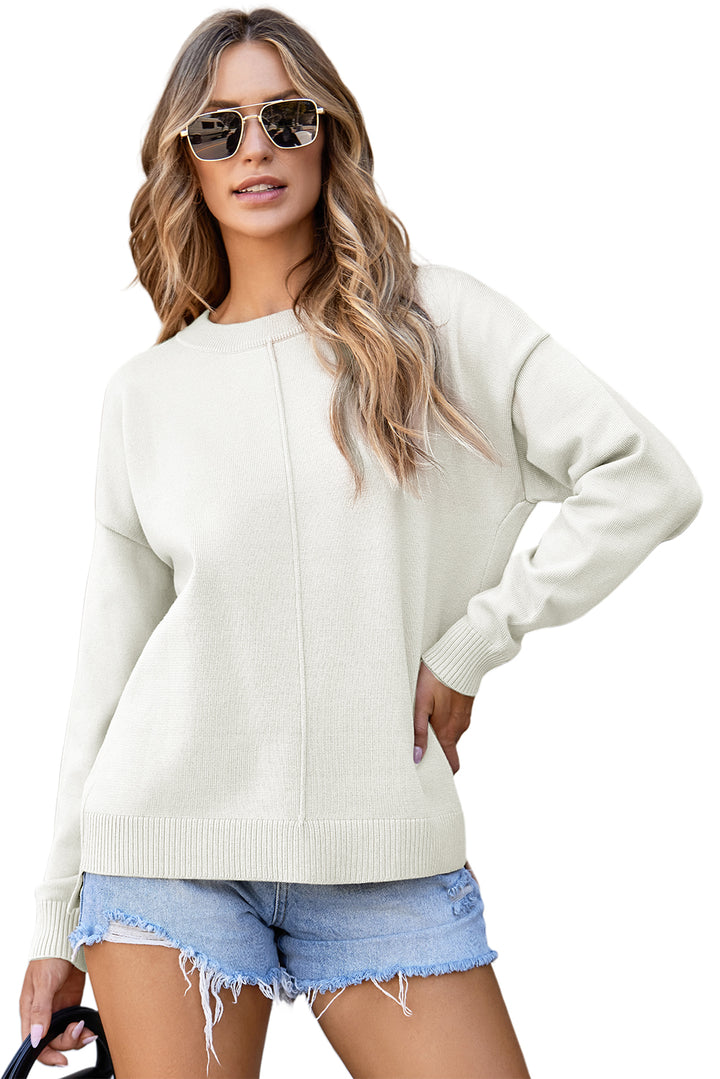 Front Center Seam Drop Shoulder Pullover Solid Sweater