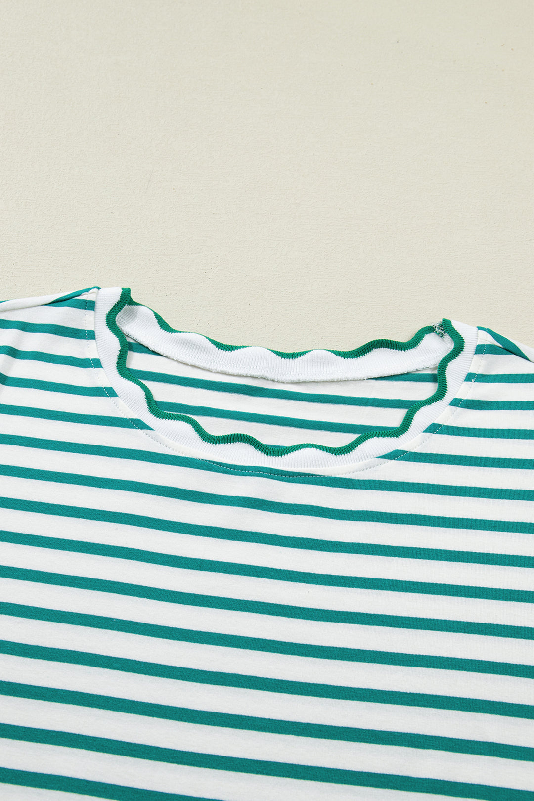 Green Stripe Scalloped Trim Round Neck T Shirt