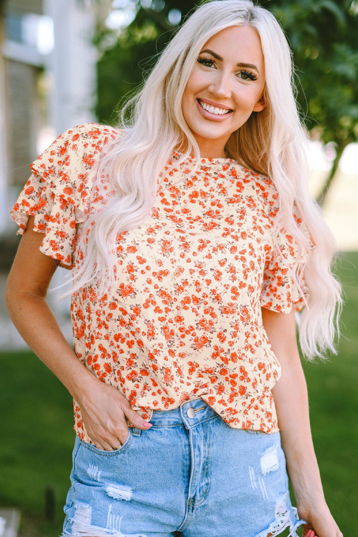 Orange Floral Tiered Flutter Sleeve Blouse