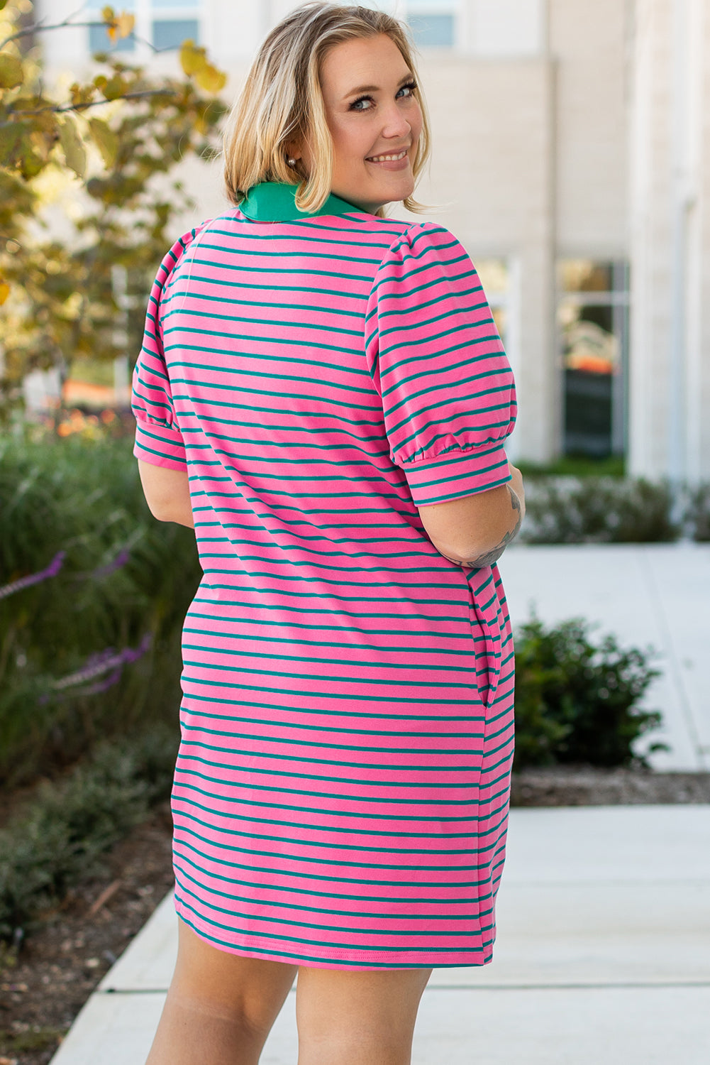 Rose Stripe Collared V Neck Shift T Shirt Dress with Pockets