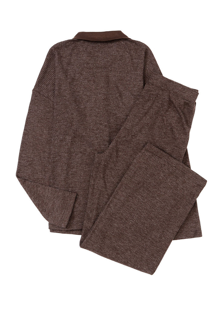 ribbed knit collared henley top and pants lounge outfit